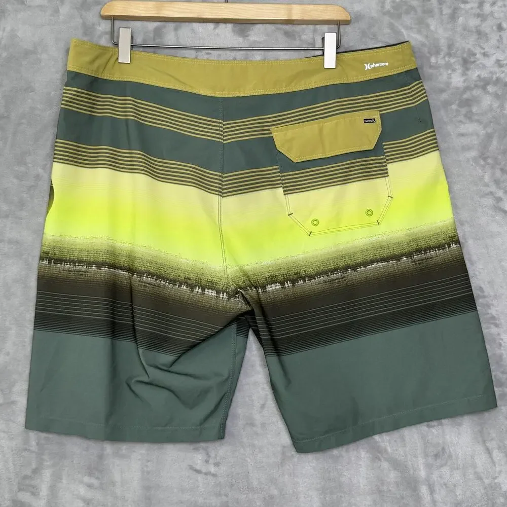 Hurley Phantom Board Shorts Mens 36 Green Yellow Stripe Swim Trunks Surf Pocket